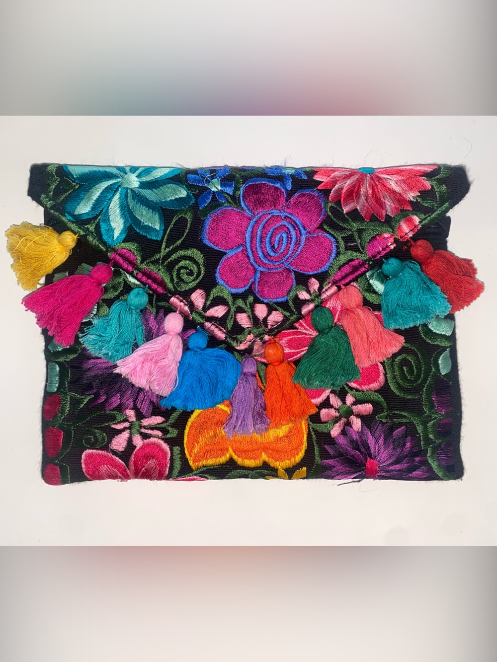 Embroidered Floral Tassel Clutch - Multicolor